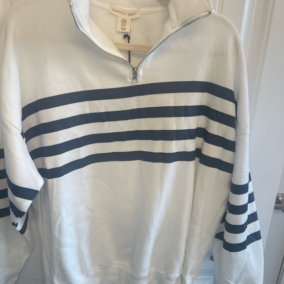 Soft white quarter zip top w navy stripe. NEW TAGS!! Size L. Versatile and cute - Picture 2 of 8